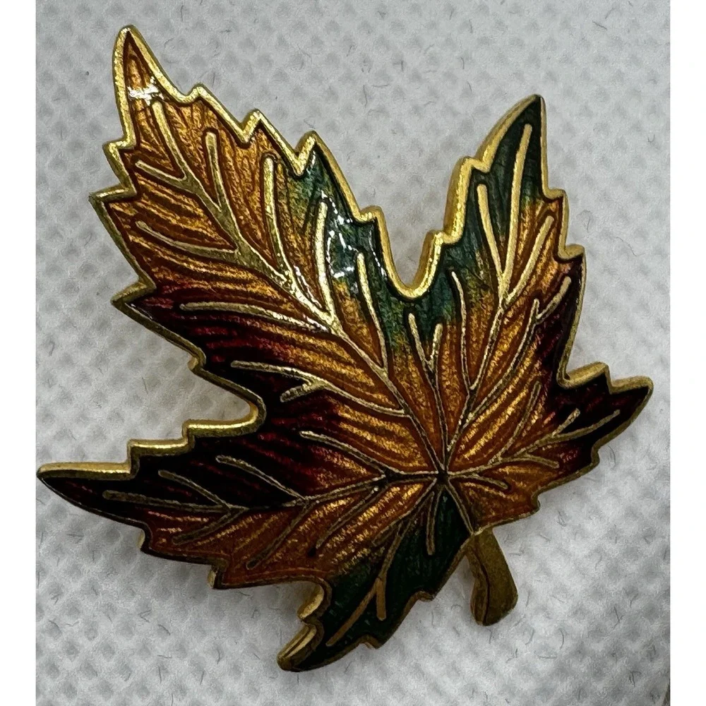 Vintage Double Acorn Leaf Brooch Pin Enamel Autumn Fall Thanksgiving Silver Gold